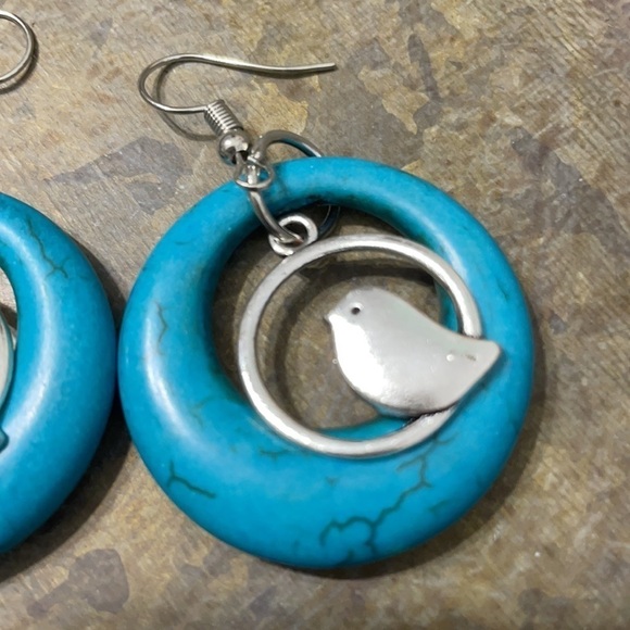 Silver Bird Turquoise Stone Hoop Drop Earrings - Picture 15 of 16
